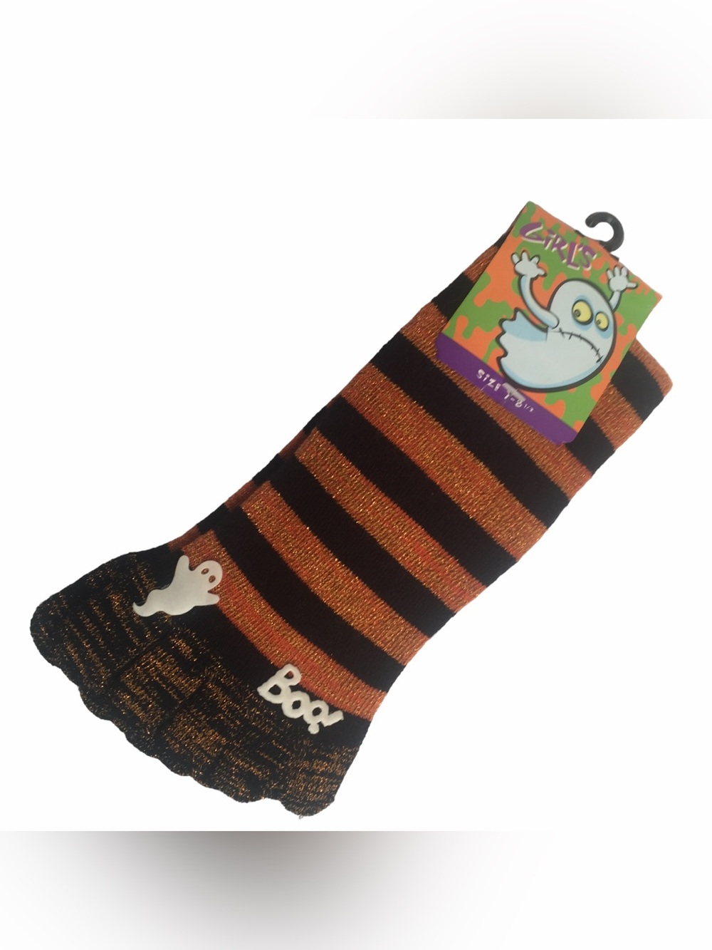 Girls Halloween Toe Socks Glittery Orange Black Stripe Ghost Boo Size 7 - 8.5